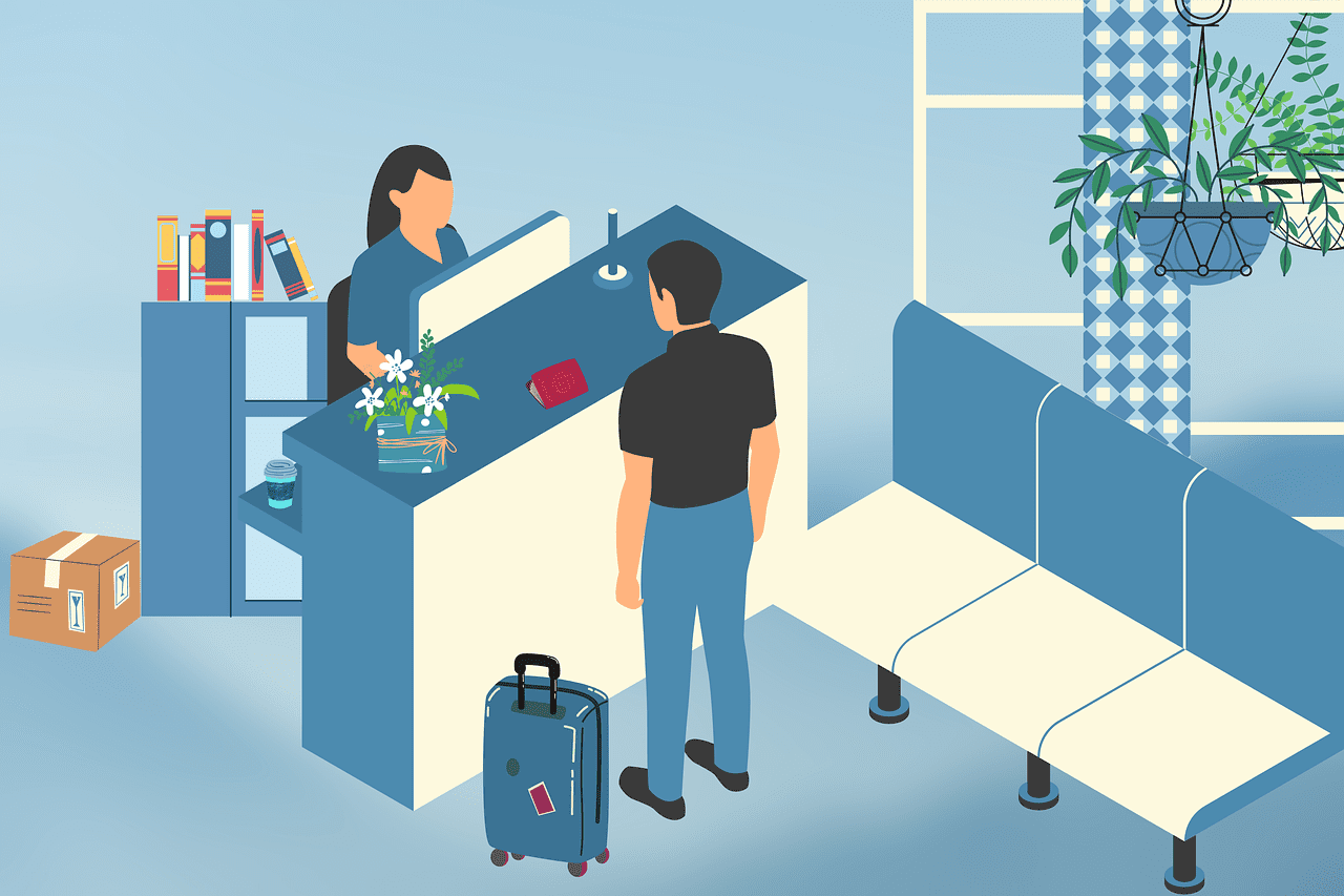 Modern office setup showcasing a second front desk without receptionist using self-check-in technology.