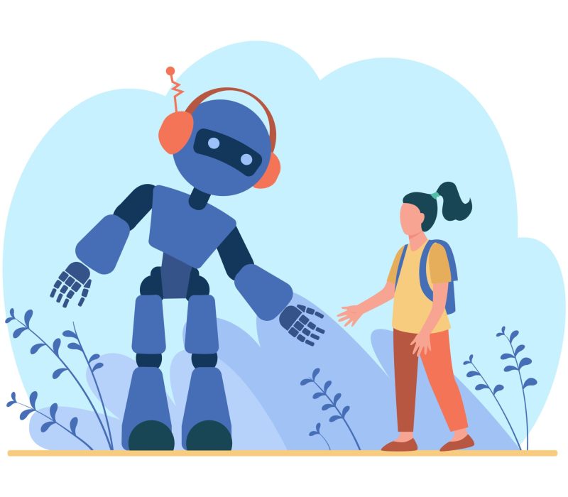Girl talking to robot. Humanoid, cyborg, machine flat vector illustration. Robotics class, artificial intelligence, technology concept for banner, website design or landing web page