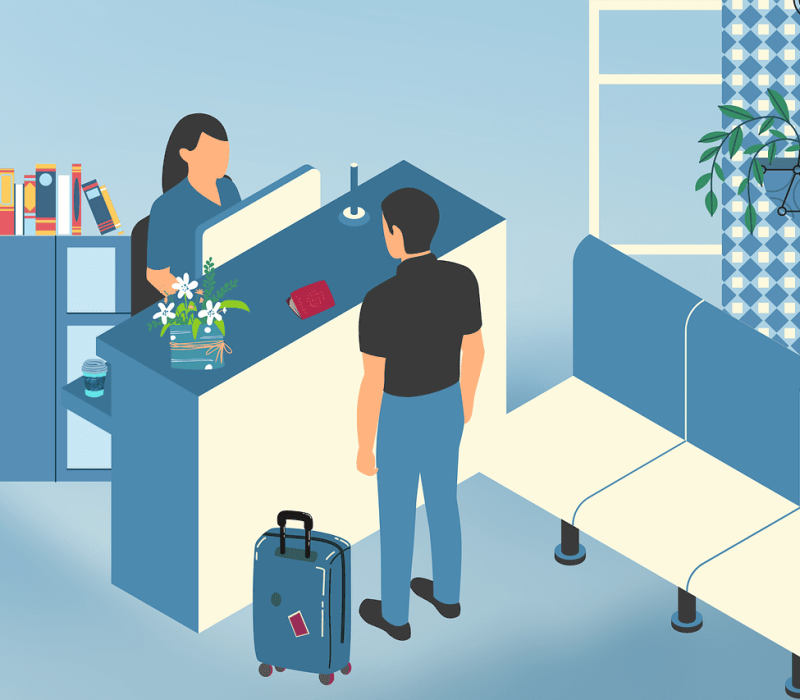 Modern office setup showcasing a second front desk without receptionist using self-check-in technology.